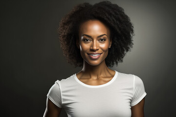 A young adult woman with a cheerful smile, thick afro hair and individual style poses for an indoor studio shoot. She looks directly at the camera, her teeth gleaming in happiness, Generative Ai