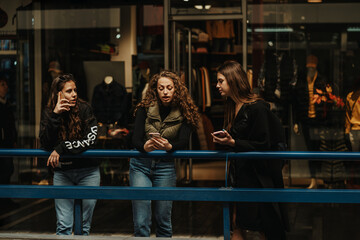 Fototapeta na wymiar Young curly haired girl showing something on the phone to her friend at the shopping mall. Brunette girl having phone call. They are leaning on a blue fence