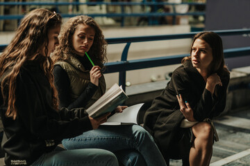 Fototapeta na wymiar Long haired brunette girl reading a book story to her friends