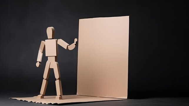 A wooden mannequin stands before a large cardboard. - Powered by Adobe