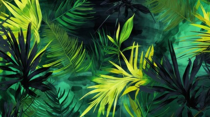 Palm leaves floral watercolour vivid abstract background in a modern style. Botanical design, vivid green colours. Generative AI