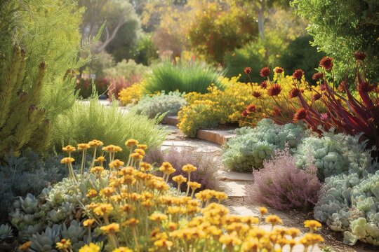 garden with a mix of plants that attract pollina, with a mix of wildflowers for a natural area. garden with a mix of plants with interesting bark  with a small gree, generative artificial intelligence