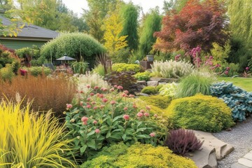 Obraz premium garden with a mix of plants that attract pollina, with a mix of wildflowers for a natural area. garden with a mix of plants with interesting bark with a small gree, generative artificial intelligence