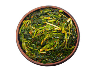 Canola(oilseed rape) Kimchi in an earthen bowl isolated on a png background. Korean food.