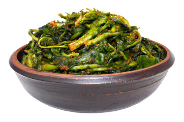 Canola(oilseed rape) Kimchi in an earthen bowl isolated on a png background. Korean food.