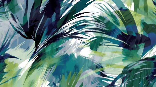 Palm leaves floral watercolour vivid abstract background in a modern style. Botanical design, vivid blue and emerald green colours. Generative AI