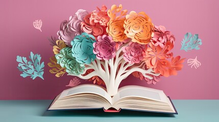 Origami brain growing from a book. Generative AI