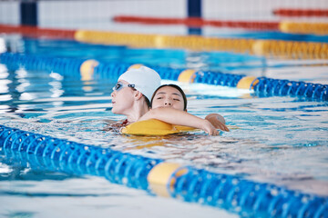 Swimming pool rescue, or woman with lifeguard for emergency, drowning accident or dangerous...