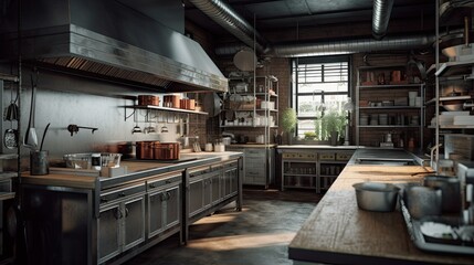 Fototapeta na wymiar Industrial kitchen in a restaurant, dark style