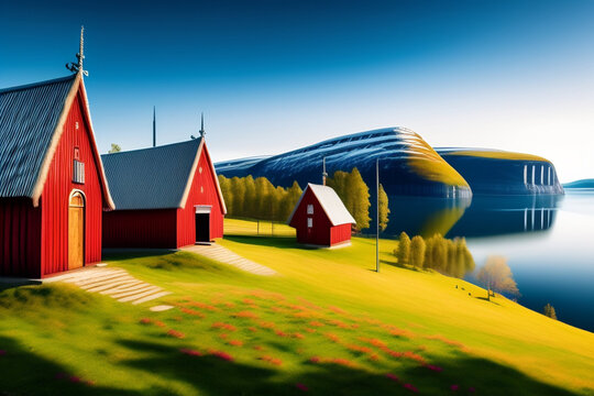 A painting of red barns by the lake. Generative Ai