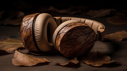 Wooden headphones in forest , cover image for chill music album