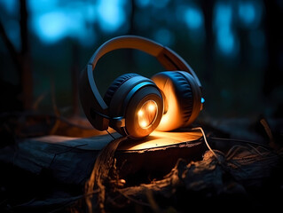 Obraz na płótnie Canvas Wooden headphones in forest , cover image for chill music album
