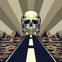 Travel concept illustration with a straight highway in the middle of a bad land and a giant Skull in the background. Vintage retro stylized vector illustration © Moa.Vision