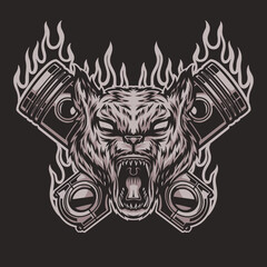Wolf mascot logo with 2 pistons in vector shape. Color can be customized. © Moa.Vision