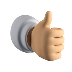 3D realistic cartoon hand holding thumb up, isolated on transparent background, wears white sleeve. Hand thumb up or like sign. 3d render illustration