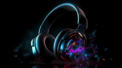 Fototapeta na wymiar Neon glowing headphones electro house music cover album