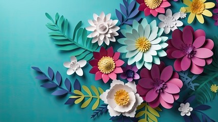 Fototapeta na wymiar Paper art of colorful paper cut flowers. Generative AI