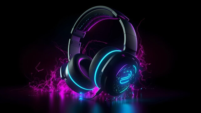 Neon glowing headphones electro house music cover album