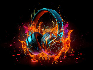 Neon glowing headphones electro house music cover album
