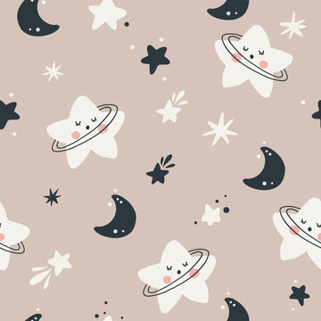 Vector hand-drawn color seamless childish simple pattern for kids with cute starss and moons in Scandinavian style on a blue background. Baby pattern with night sky. Fabric design. Wallpaper. © Anna Kubasheva