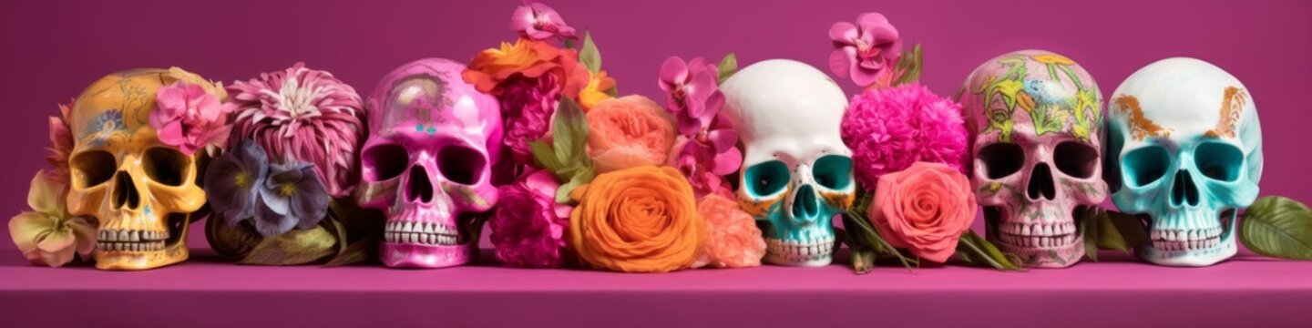 Painted stylised human skulls and flowers on vibrant pink background. Sugar Skull, Calavera, to celebrate Mexicans Day of the Dead, Dia de los Muertos, Santa Muerte. AI generated image. 
