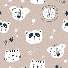 Vector color hand-drawn seamless repeating childish cute pattern with cute animals and hearts in Scandinavian style. Childish pattern with animal faces. Cute baby animals.