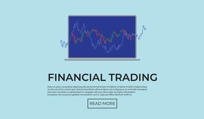 Forex stock trade promo page with laptop (notebook) vector illustration. Web banner template for trading companies graphic design. Financial chart to buy and sell for stock exchange market concept.