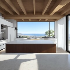 Obraz na płótnie Canvas Photo of a modern kitchen with stunning ocean view through a large window