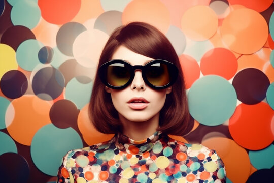 Fashion woman wearing big sunglasses. Creative 60s retro background