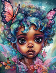 Fairy little cute black girl with Butterfly. Generative AI