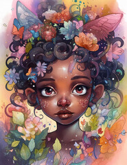 Fairy little cute black girl with Butterfly. Generative AI