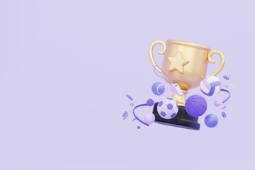gold trophy cup, first win prize with sports stuff, sports championship concept on purple background with copy space. 3d illustration