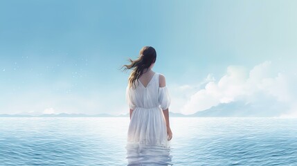 Fototapeta na wymiar 美しい海・湖の中にいる白いワンピースの女性の後ろ姿（旅行・夏休み・Generative AI） 