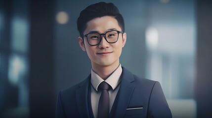 メガネをかけた真面目なアジア系ビジネスマン（笑顔）
