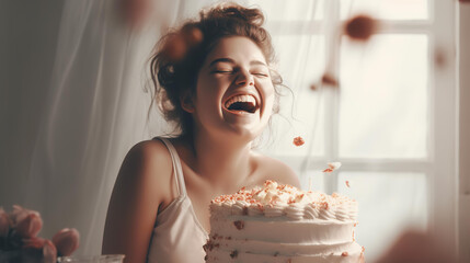 家でケーキ・お菓子を食べる幸せそうに笑う太った女性（Generative AI）
