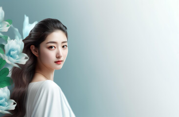 微笑むアジア人女性と花の美容イメージ（Generative AI）
