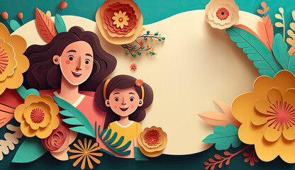 Mother's day, papercut mother and kid with flower background, a beautiful woman with baby celebrate Mothers Day, copy space, International Mother's Day