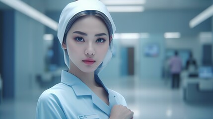 Fototapeta premium 白衣と帽子を着て働くアジア人女性（Generative AI） 