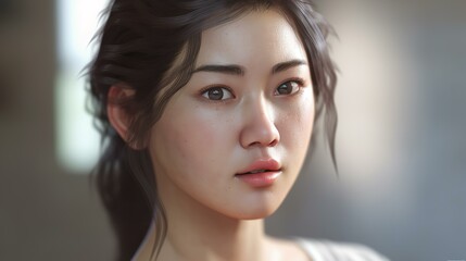 Fototapeta premium 家で複雑な表情をする若い女性（Generative AI） 