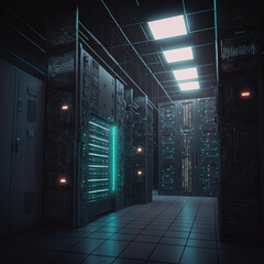 Data center with server room. Platform for hosting contemporary Internet contents. Rack housing server data storage hardware ,made with Generative AI