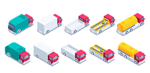 isometric vector illustration isolated on white background, truck set, tow truck with garbage truck and fuel truck, working transport