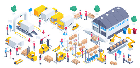 isometric vector illustration on a white background, people work on with cargo and transport carrying cargo and line with robots, shelves with boxes and canisters and pallets, warehouse work - obrazy, fototapety, plakaty