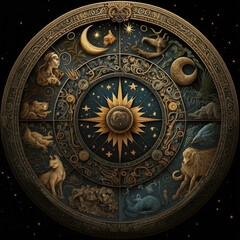 Zodiac fantasy, signs with stars and planets, gold on dark background, made with generative AI