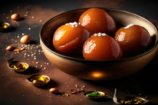A plate of gulab jamun ,made with Generative AI