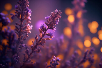 Obraz na płótnie Canvas Lavender flower background with beautiful purple colors and bokeh lights. Blooming lavender in a field at sunset, Selective focus ,made with Generative AI