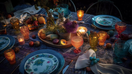 Fototapeta na wymiar Eco-Friendly Midsummer's Eve Dinner: Flat Lay of Reusable Dishware, Cloth Napkins, Upcycled Glassware & Zero-Waste Ambiance for Enchanting Outdoor Feast Ai Generated