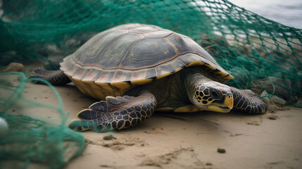 A cute green tortoise stuck in a net