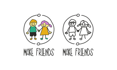 illustration two kids make friends, doodle art, kids logo