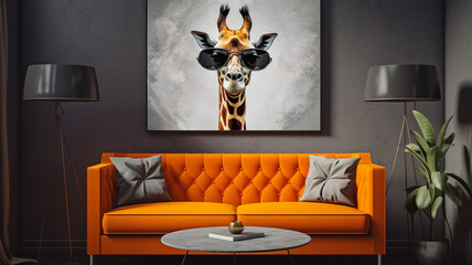 A cool looking giraffe on a orange couch in a modern apartment with modern art. Generative AI