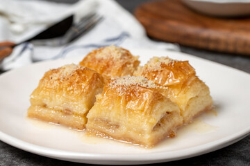 Baklava with milk and hazelnuts. Turkish cuisine delicacies. Baklava with milk on a dark background. Local name sutlu nuriye. Close up
